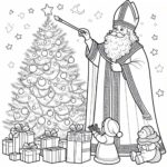 Santa Claus painting a Christmas tree coloring page