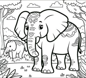 elephant family in the jungle coloring page