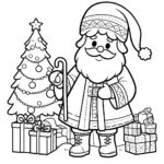 santa claus by the christmas tree coloring page