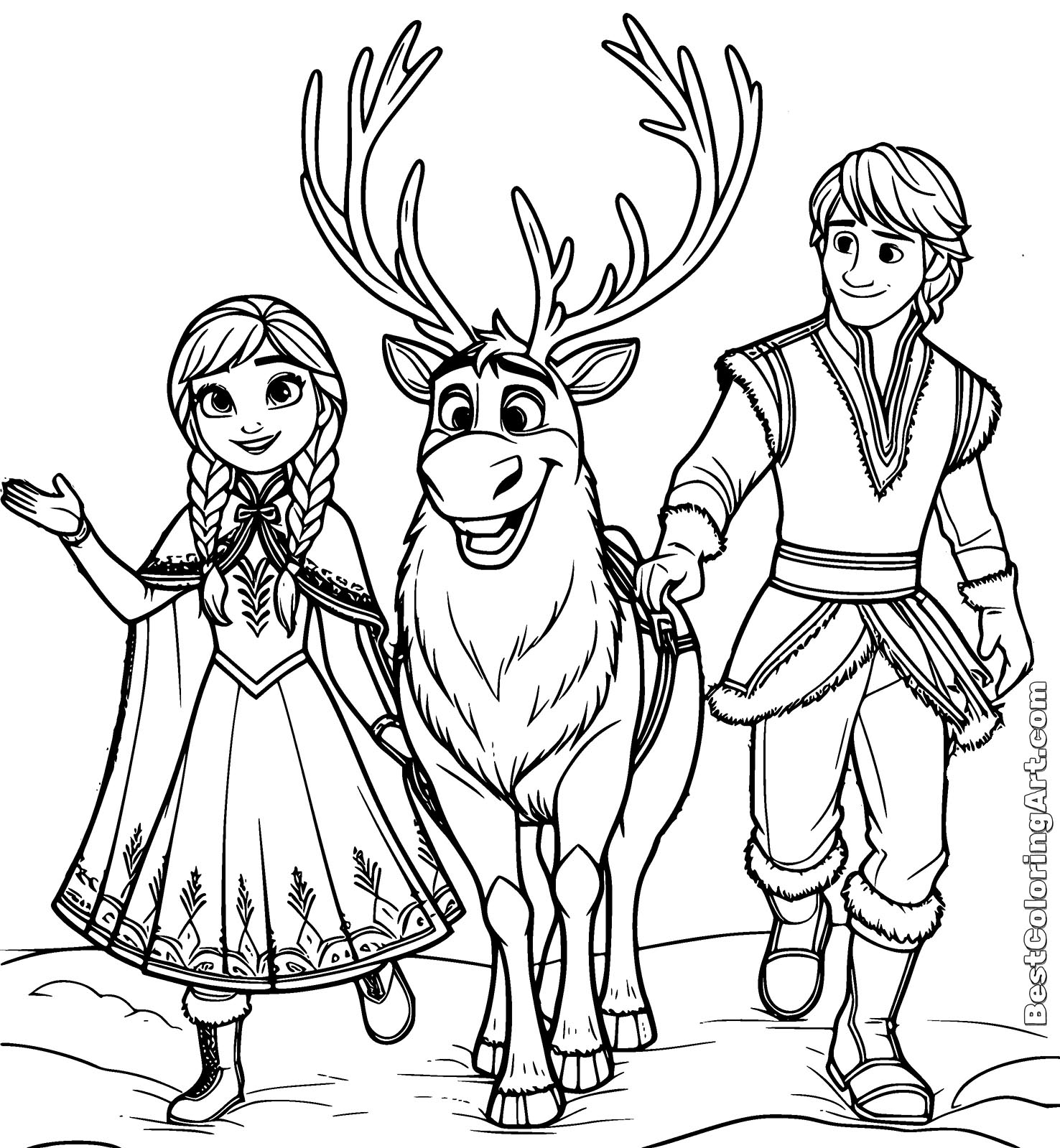 Anna, Kristoff and Swen Coloring Page - Printable & Free PDFs
