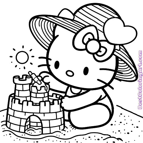 hello kitty builds a sandcastle