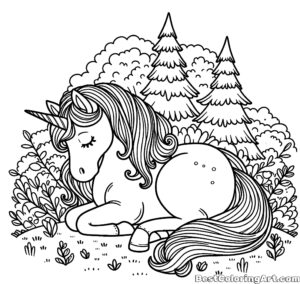 unicorn rests in a meadow near forest